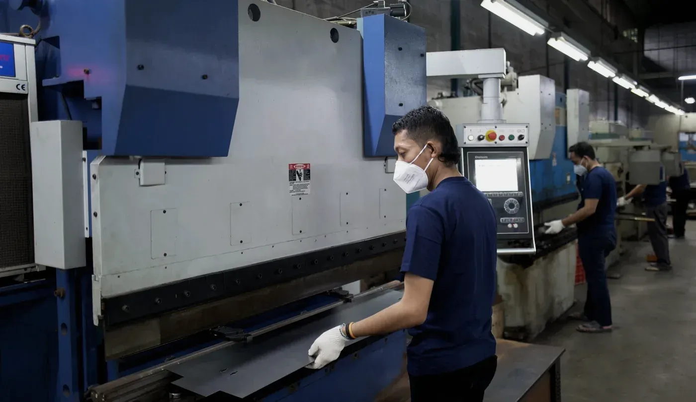 An operator forming sheet steel on a CNC press brake at the Metosu factory